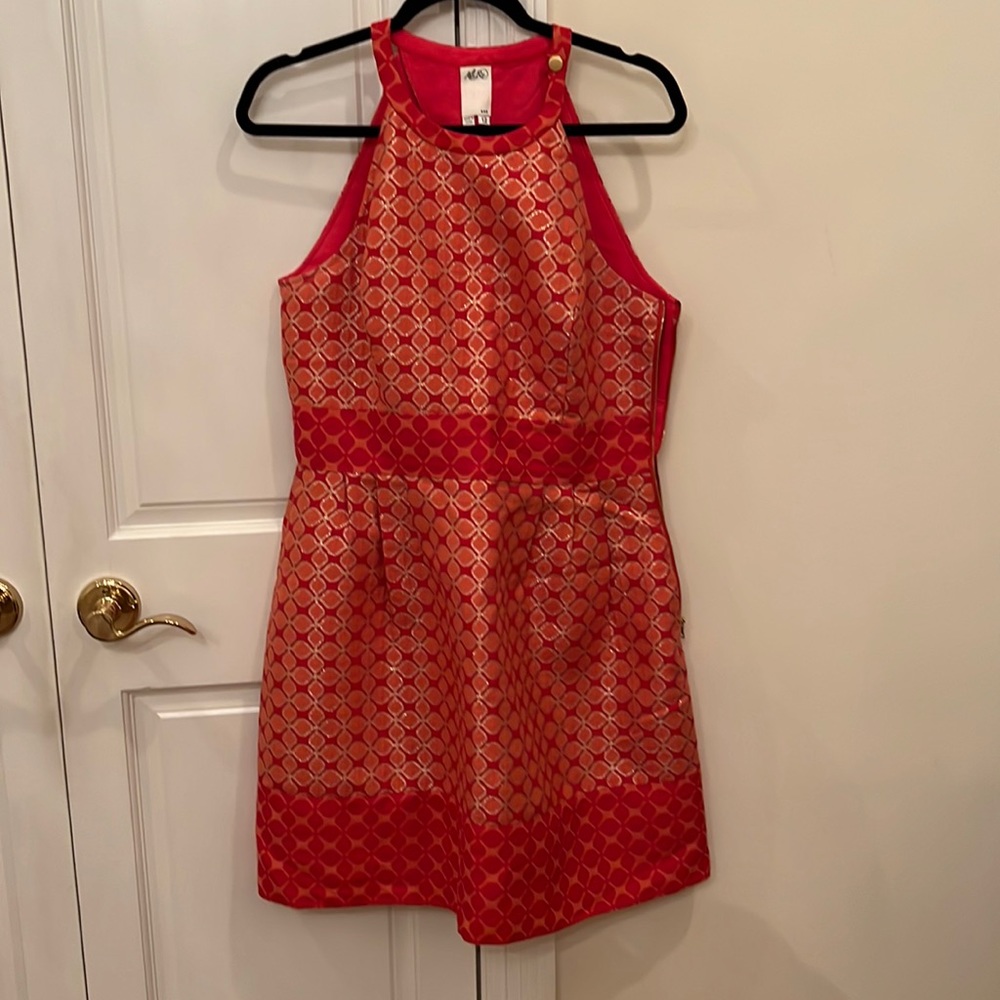 Ali Ro cocktail dress. Halter style. Salmon & coral with metallic thread